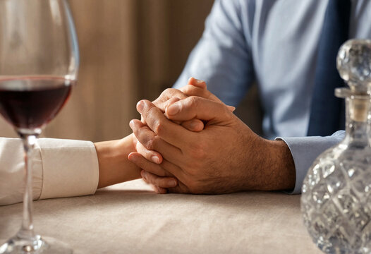 Couple holding hands over wine glass on elegant dining table