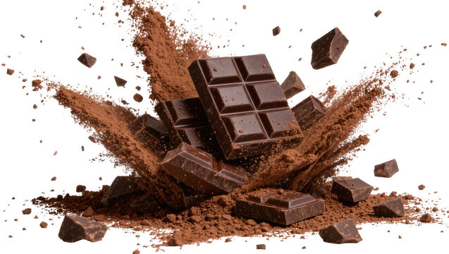 Dark chocolate bars and chunks exploding with cocoa powder, isolated on transparent background