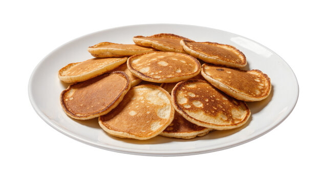 Pile of small golden brown pancakes on a white plate, isolated on transparent background