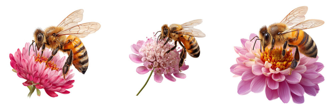 Set of Photorealistic honey bee hovering beside a blooming pink flower before collecting nectar on transparent png background. Ai generated