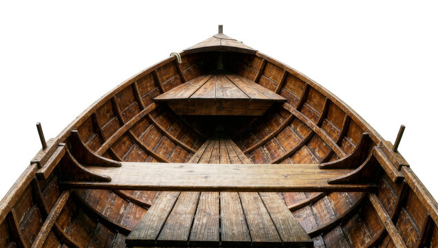 Antique wooden rowboat interior with weathered planks, isolated on transparent background