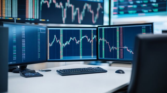 Hazy Sunrise Under an Organized Investment Strategy: Professional Trading Desk With Economic Indicators And Stock