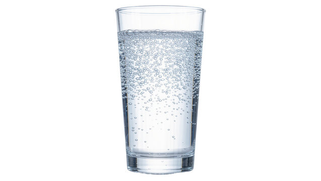 Tall clear glass filled with sparkling water and tiny bubbles, isolated on transparent background