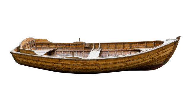 Weathered wooden rowboat with plank construction, isolated on transparent background