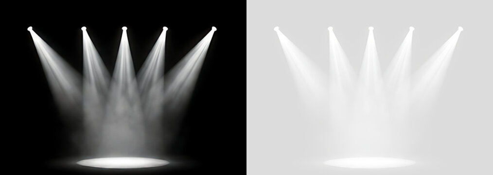 White stage spotlights illuminating floor with light beams and smoke. Realistic theater scene lighting effect isolated on transparent background