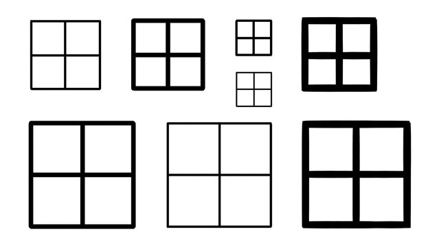 Black line icons of square grids with four quadrants in various stroke weights and sizes isolated on a transparent background.