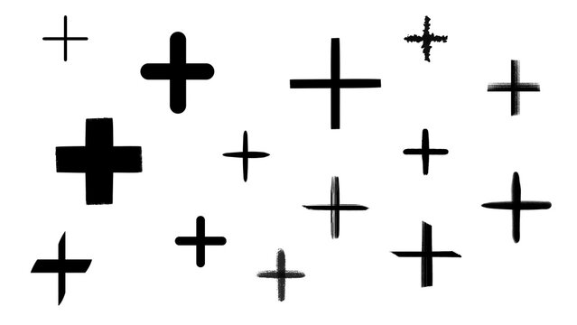 Hand-drawn black plus signs and symbols set isolated on a transparent background, featuring various textures, brush strokes, and hand-painted styles.