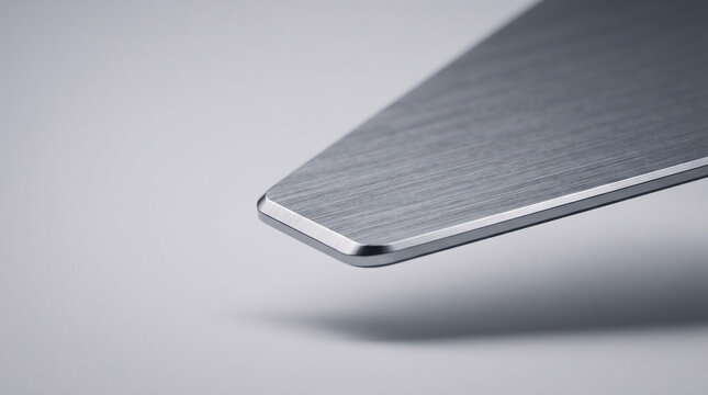 Close up of a brushed metallic plate with a beveled edge against a light gray background aluminum bevel brushed metal