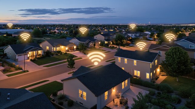 Aerial view of suburban neighborhood at twilight with glowing Wi-Fi signals