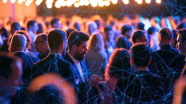 Diverse group of professionals networking at a business event with digital connections overlay