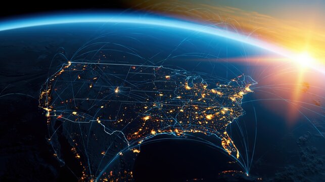 Earth at sunrise with glowing US cities and global network connections