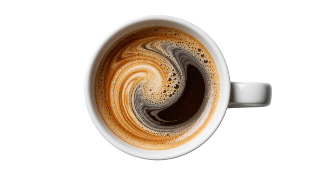 White ceramic mug with swirling dark espresso and creamy foam, isolated on transparent background