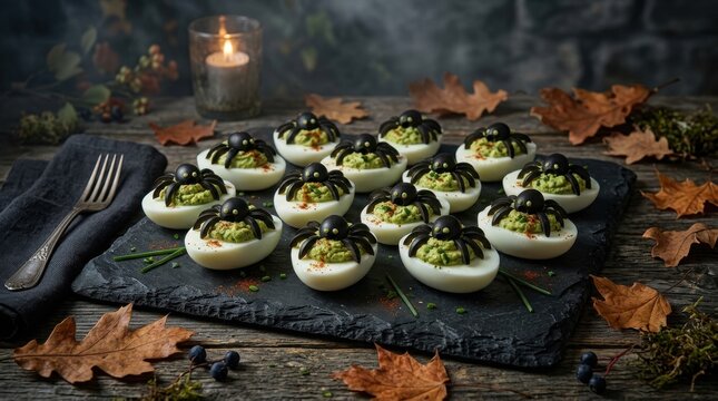 Spooky halloween deviled eggs with olive spiders