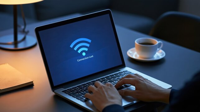 Person typing on laptop with Wi-Fi connection lost error message on screen