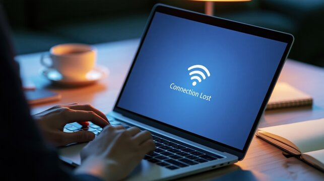 Person typing on laptop with Wi-Fi connection lost error message on screen