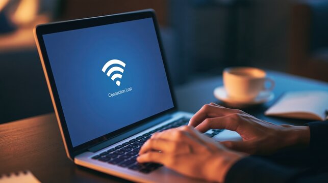 Person typing on laptop with Wi-Fi connection lost error message on screen