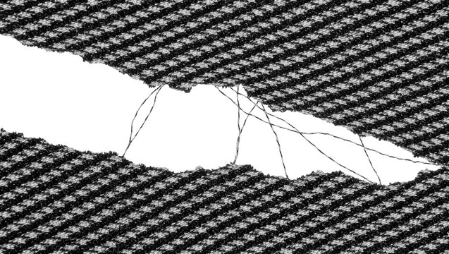 Torn houndstooth fabric with loose threads, isolated on transparent background