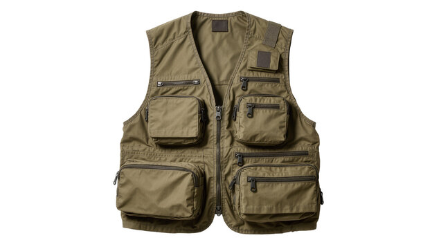 Olive green tactical vest with multiple zippered pockets, isolated on transparent background