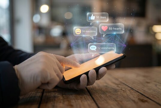 Hands holding smartphone with social media engagement and notification icons