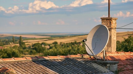 Fototapeta premium Satellite dish antenna on a tiled roof with a rural landscape in the background