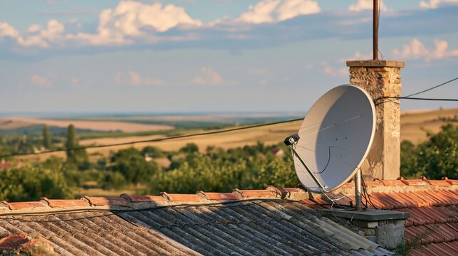 Satellite dish antenna on a tiled roof with a rural landscape in the background