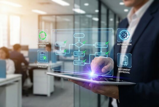 Businessman managing digital process flow automation on interactive tablet