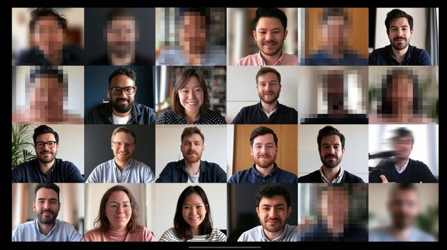 Grid of diverse people on a video call, some faces blurred for privacy