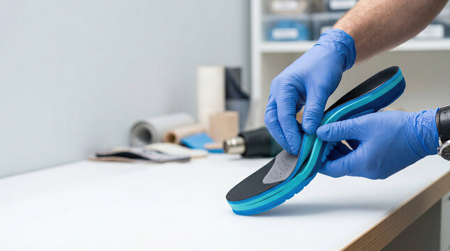 Podiatrist hands in gloves adjusting custom orthopedic insole. Orthopedic specialist working with medical shoe insert in clinic. Foot care technology for health and comfort support.