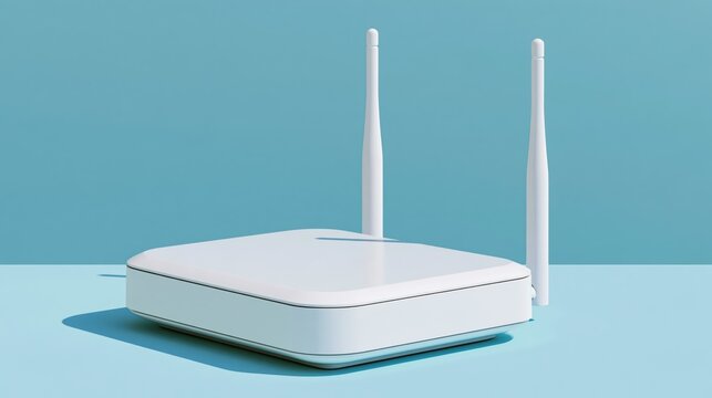 Clean white wireless router with antennas on a light blue background