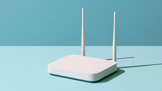 Modern white wireless router with antennas on a clean light blue background