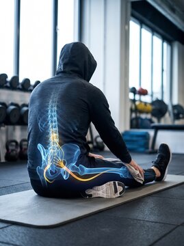 Man in hoodie stretching hamstring on gym mat with digital overlay of spine and sciatic nerve anatomy