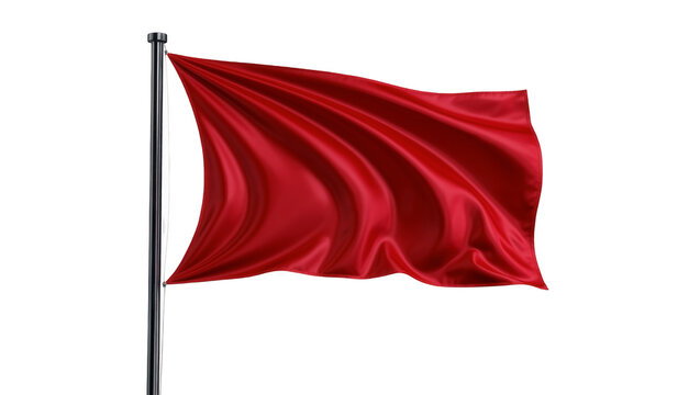 Waving red satin flag on a metal pole, isolated on transparent background