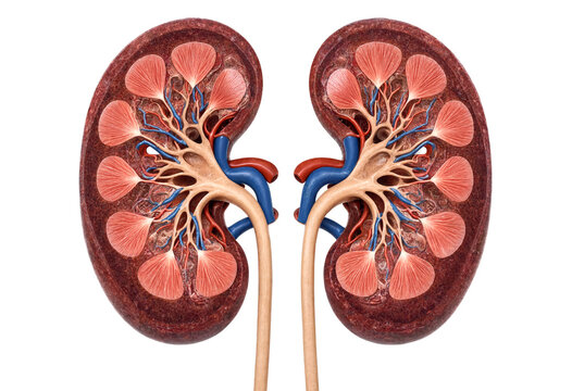 Detailed anatomical illustration of human kidneys with blood vessels and ureters