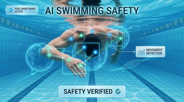 A swimmer underwater in a blue pool monitored by artificial intelligence movement tracking technology