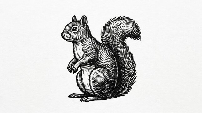 Engraved squirrel holding nut wildlife illustration.