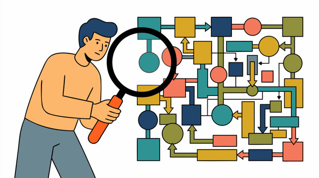 Young man in a yellow shirt holding a large magnifying glass to inspect a dense flowchart diagram of connected shapes and arrows, complex system analysis concept flat vector illustration