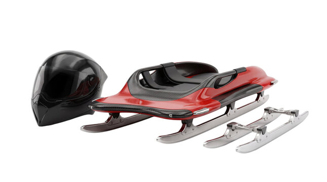 Red bobsled sled with black helmet and steel runner blade