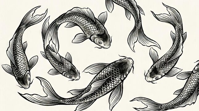 Ink drawing pattern of swimming koi fish.