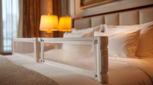 Adjustable white mesh toddler bed rail guard installed on a mattress. White mesh safety bed rail installed on the side of a bed to prevent falls.