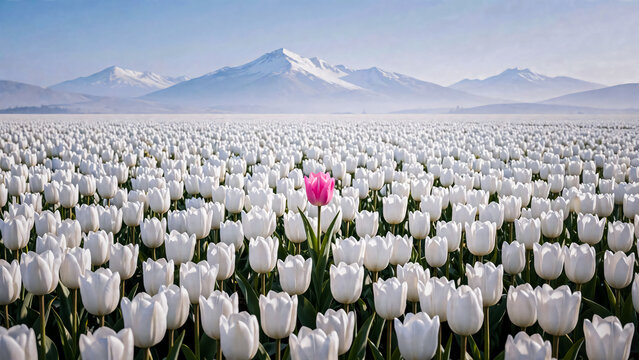 Champ de tulipes blanches avec une seule tulipe rose