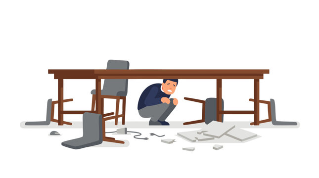 A frightened employee crouches beneath a long wooden conference table surrounded by toppled office chairs and fallen ceiling tiles illustrating a workplace crisis in this vector graphic