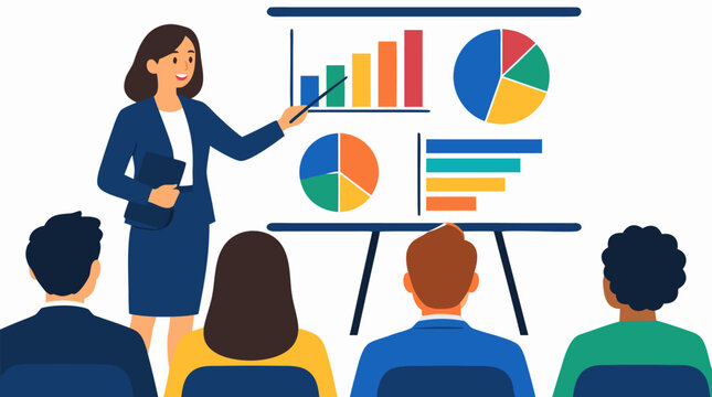 A confident businesswoman presenting financial market metrics and pie charts on a whiteboard to seated colleagues in a meeting room setting shown in vibrant modern flat vector style