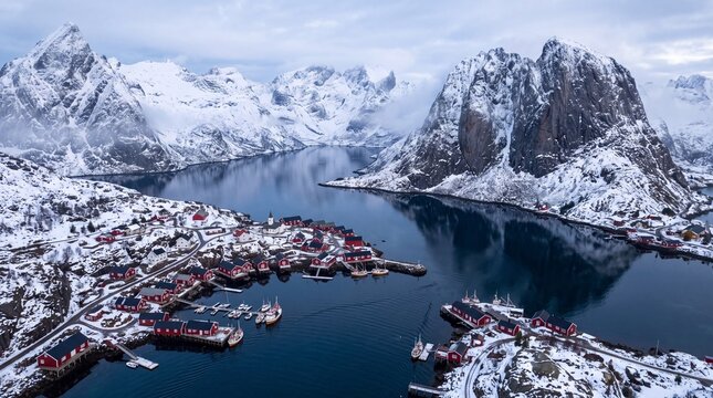 Aerial View of Reine Fishing Village in Lofoten Norway