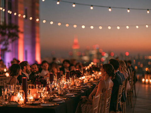 Long outdoor Halloween dinner table, burgundy candles, pumpkins and wild floral centerpiece with blurred guests behind.