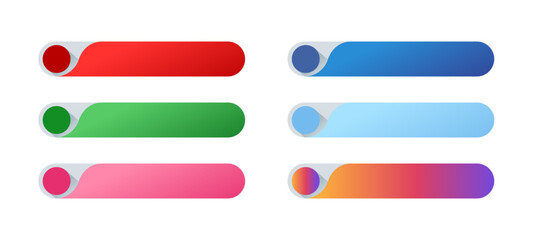 Fototapeta premium Collection of colorful rounded rectangular buttons with circular icons for web design. Six distinct rounded rectangular UI elements, each featuring a circular icon and a gradient fill