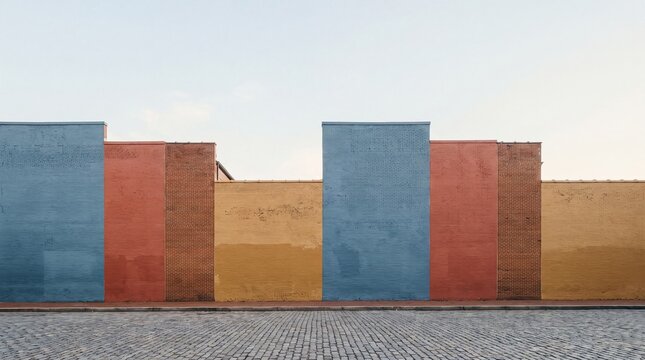 Colorful Painted Brick Walls on Cobblestone Street