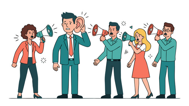 An overwhelmed manager cupping his enlarged ear while agitated colleagues shout at him through megaphones against a white backdrop in flat vector workplace communication noise artwork