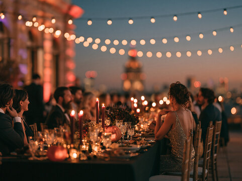 Long outdoor Halloween dinner table, burgundy candles, pumpkins and wild floral centerpiece with blurred guests behind.