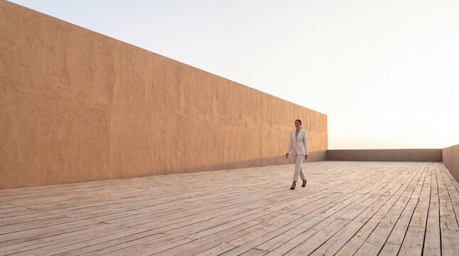 Businesswoman in Suit Walking Across Modern Architectural Terrace