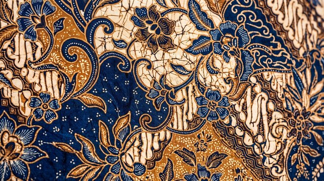 Traditional Indonesian Batik Fabric with Floral and Geometric Patterns
